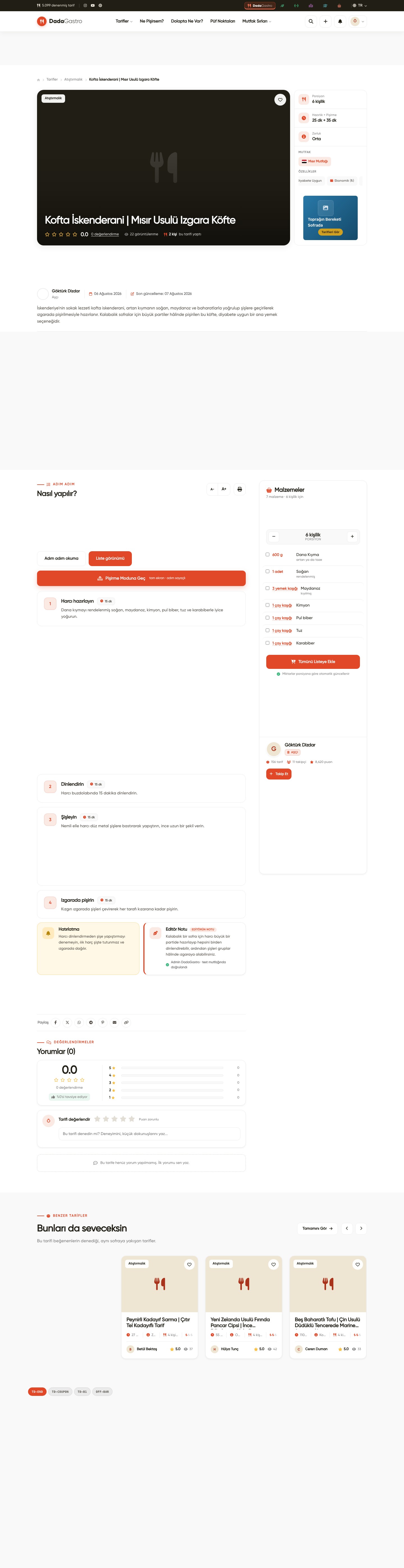 Tarif Künyesi Sponsoru — Tek Tarif Sponsorluğu — Website görünümünde sayfadaki yeri