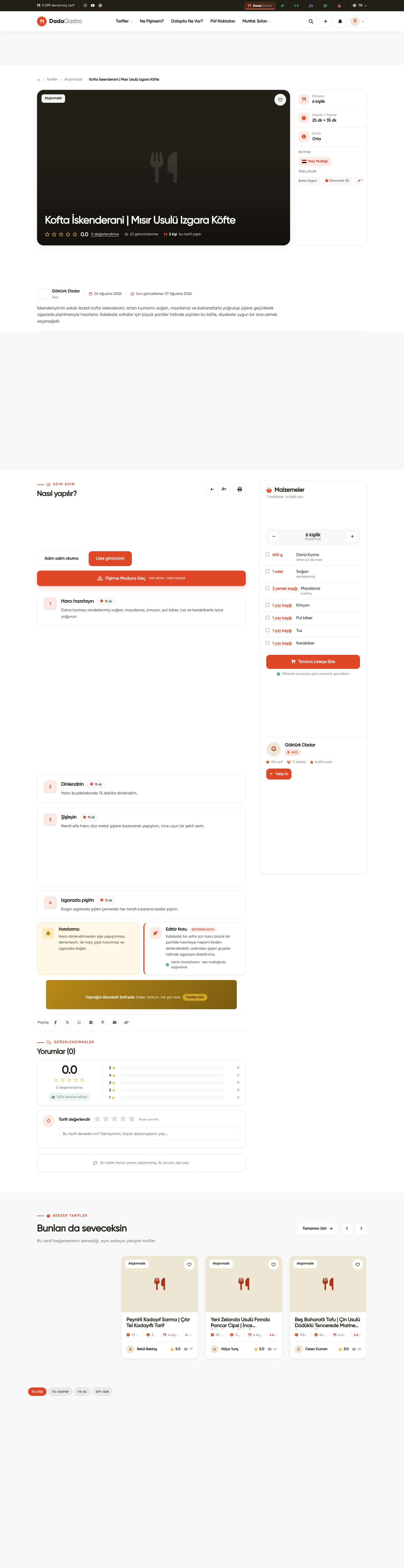 Bu Tarifte Kullanılan Ekipmanlar — Website görünümünde sayfadaki yeri
